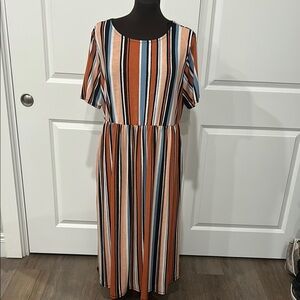 P and Rose Women’s  Orange Blue Short Sleeve Midi Modest Striped Dress Size XXL